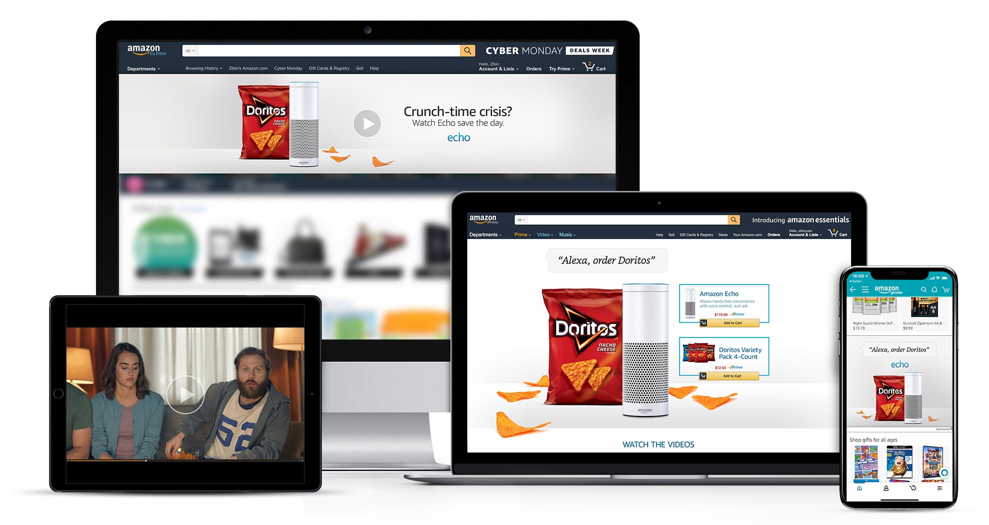 The Doritos and Echo takeover across Amazon on desktop, laptop, tablet and phone